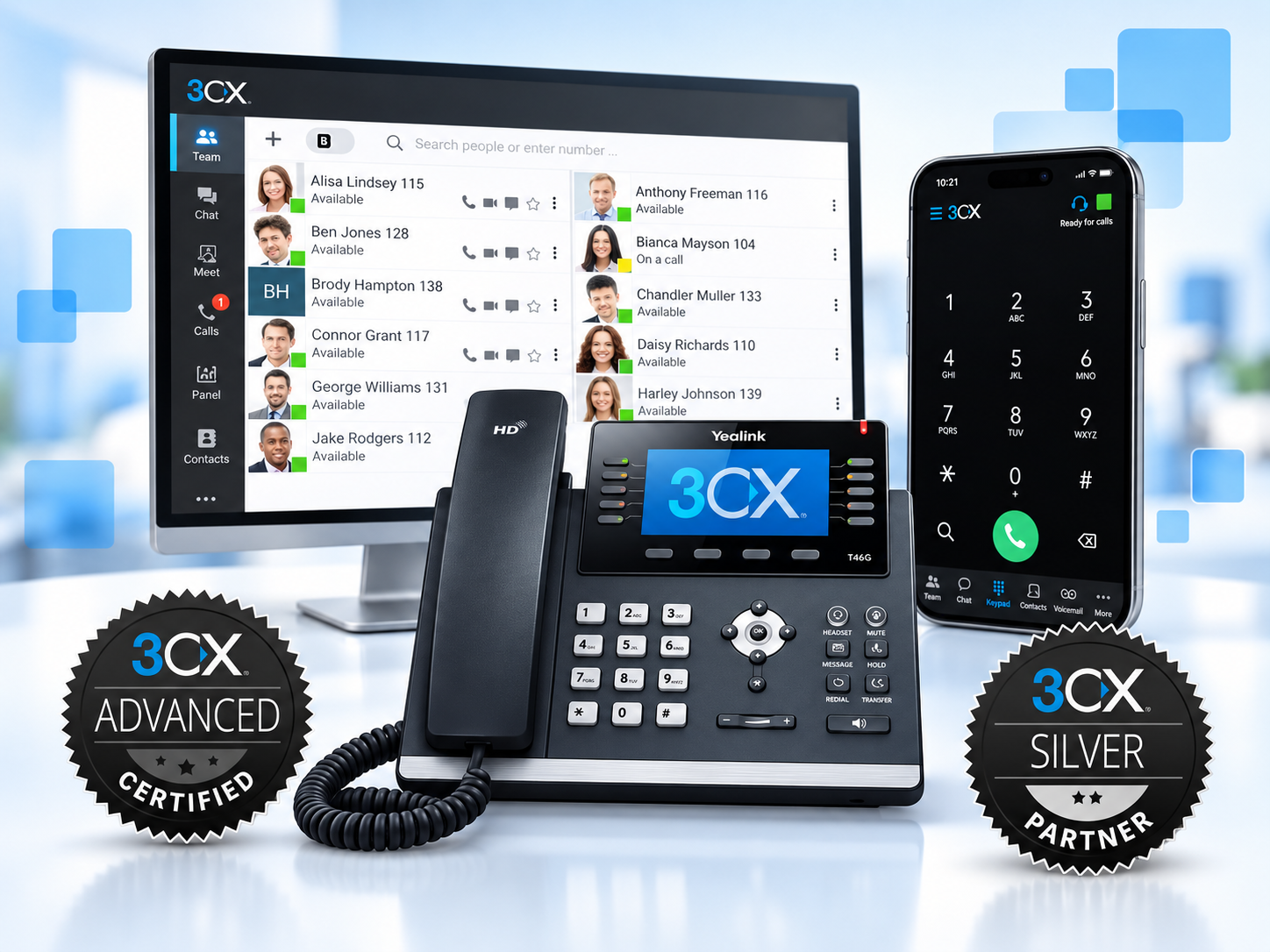 3CX desktop, mobile and desk phone with Advanced Certified and Silver Partner badges
