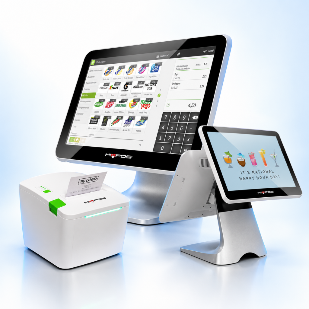HIOPOS touchscreen till, receipt printer and customer display