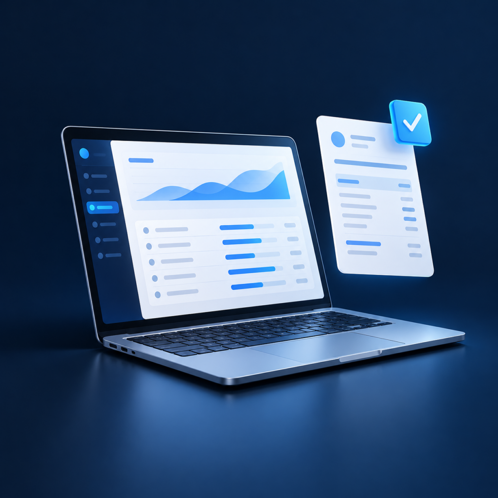 Illustration of a laptop payroll dashboard with a payslip and approval checkmark